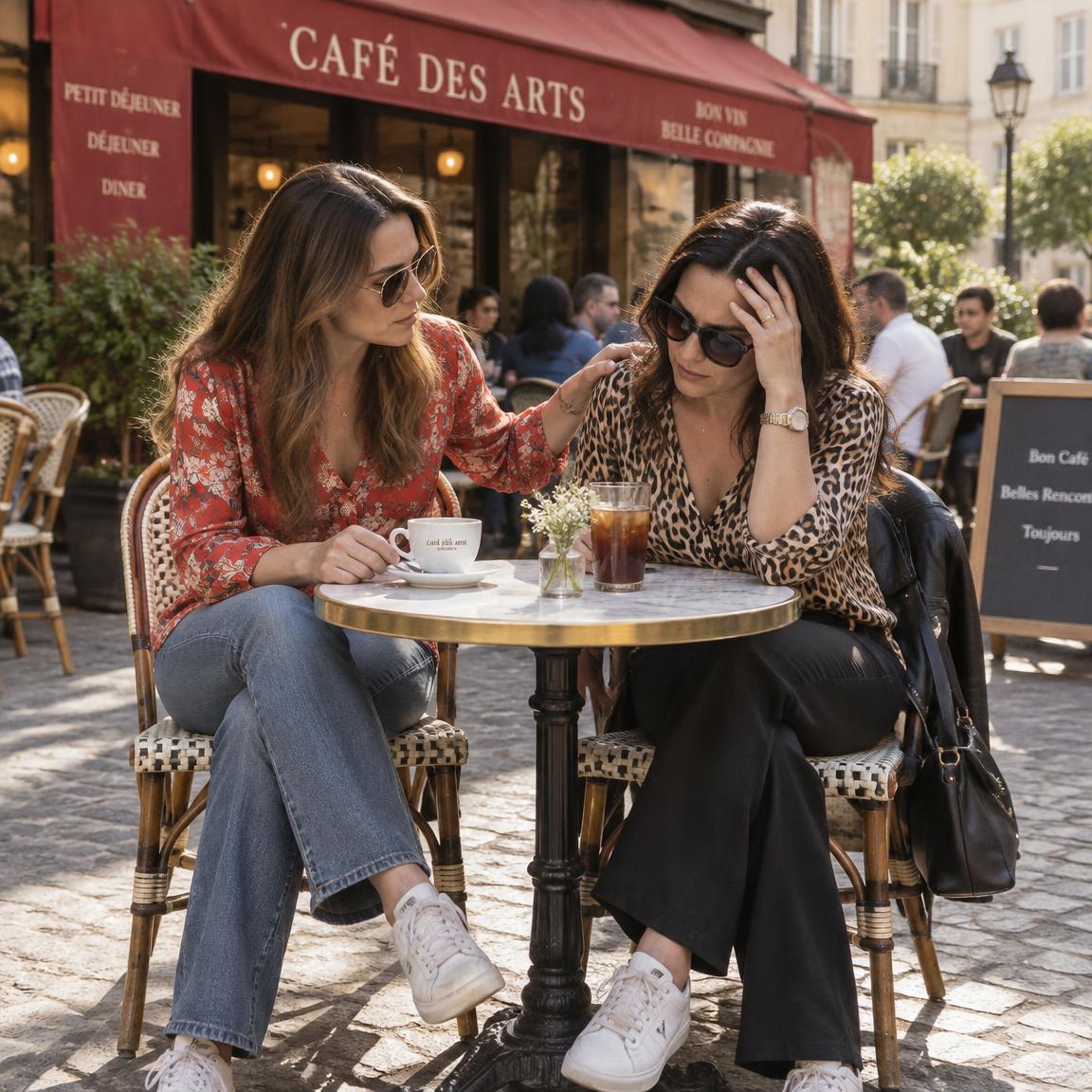 A friend comforting another at an outdoor café